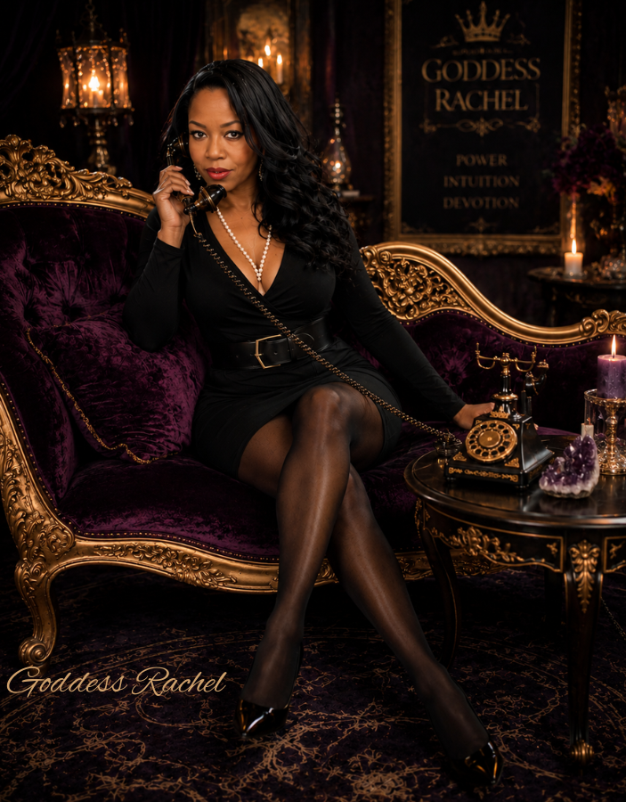 Goddess Rachel on the phone with a luxury backdrop